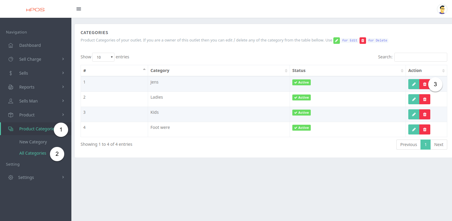 Delete Product Category Screen
